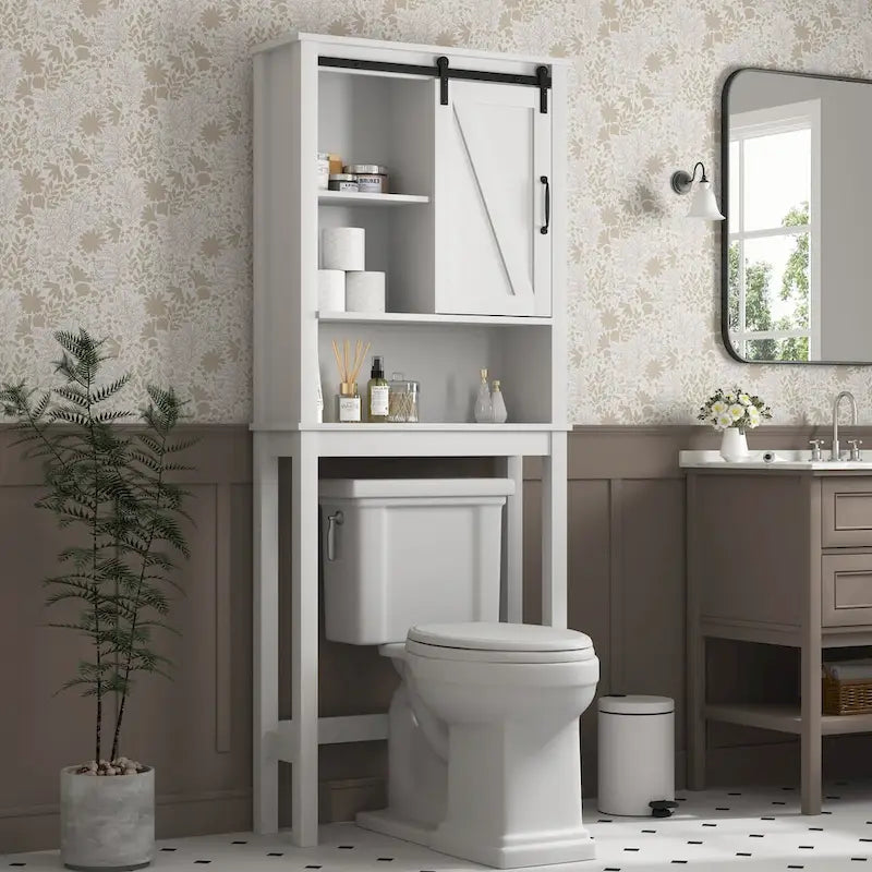 Meuble de rangement au-dessus des toilettes, meuble de salle de bain gain de place, avec étagères réglables et porte de grange 69 cm x 23 cm x 170 cm