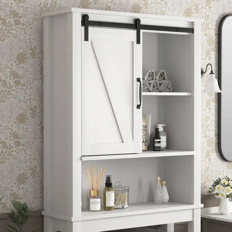 Meuble de rangement au-dessus des toilettes, meuble de salle de bain gain de place, avec étagères réglables et porte de grange 69 cm x 23 cm x 170 cm