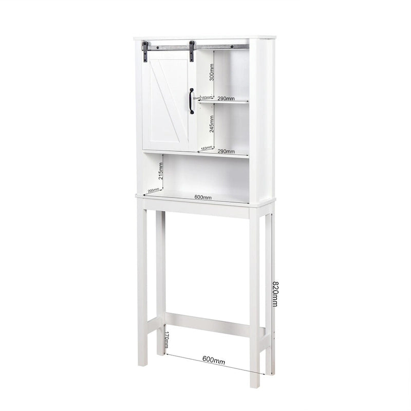 Meuble de rangement au-dessus des toilettes, meuble de salle de bain gain de place, avec étagères réglables et porte de grange 69 cm x 23 cm x 170 cm