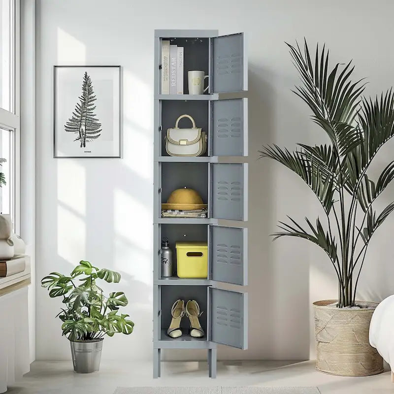 Vestiaire métallique à 5 portes de 66 pouces de haut avec serrure pour employés, armoire de rangement pour la maison, la salle de sport, le bureau, l'école, le garage, gris
