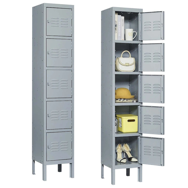 Vestiaire métallique à 5 portes de 66 pouces de haut avec serrure pour employés, armoire de rangement pour la maison, la salle de sport, le bureau, l'école, le garage, gris