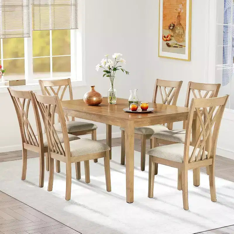 Ensemble de salle à manger Zevemomo 7 pièces en bois massif avec 6 chaises rembourrées, ensemble table et chaises compact pour salle à manger, cuisine, couleur bois naturel