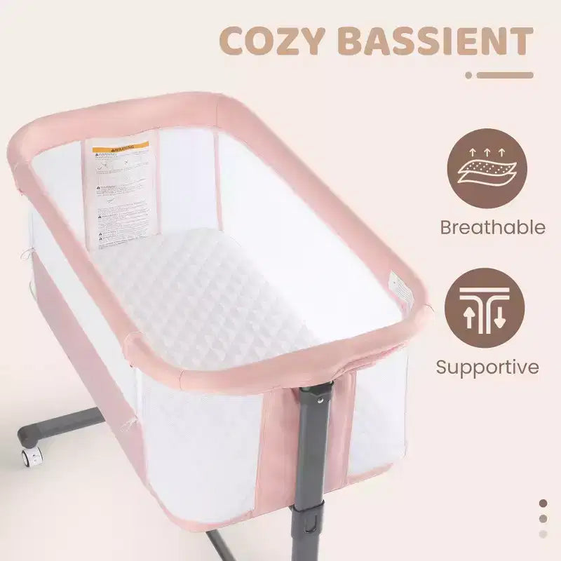 Berceau bébé avec roues – Beige / Gris / Rose, cododo, pour 1 bébé
