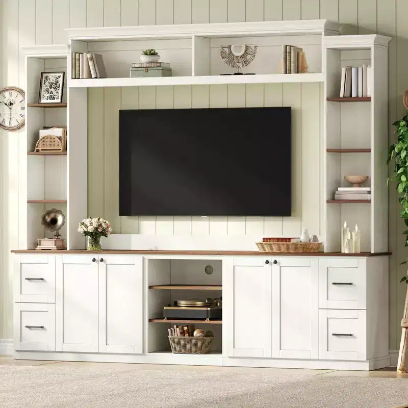 Meuble TV mural 4-en-1 ModernLuxe de style campagnard, convient aux téléviseurs jusqu'à 70 pouces, meuble TV console multimédia avec étagères réglables et tiroirs