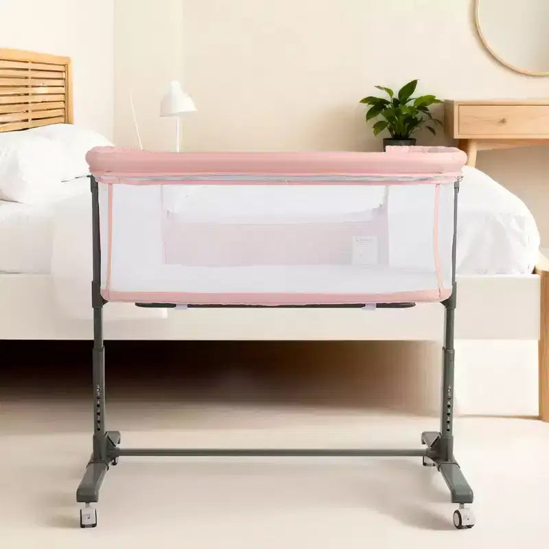 Berceau bébé avec roues – Beige / Gris / Rose, cododo, pour 1 bébé