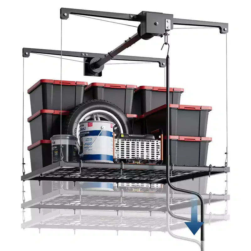 Étagère de rangement de garage robuste réglable, à fixation au plafond avec verrou de sécurité, capacité de 113 kg pour bacs, outils, vélos et garage