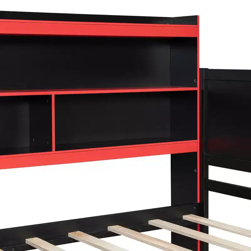 Lit de repos de jeu double/grand avec tête de lit bibliothèque, lumières LED, bureau intégré, tiroirs et station de charge