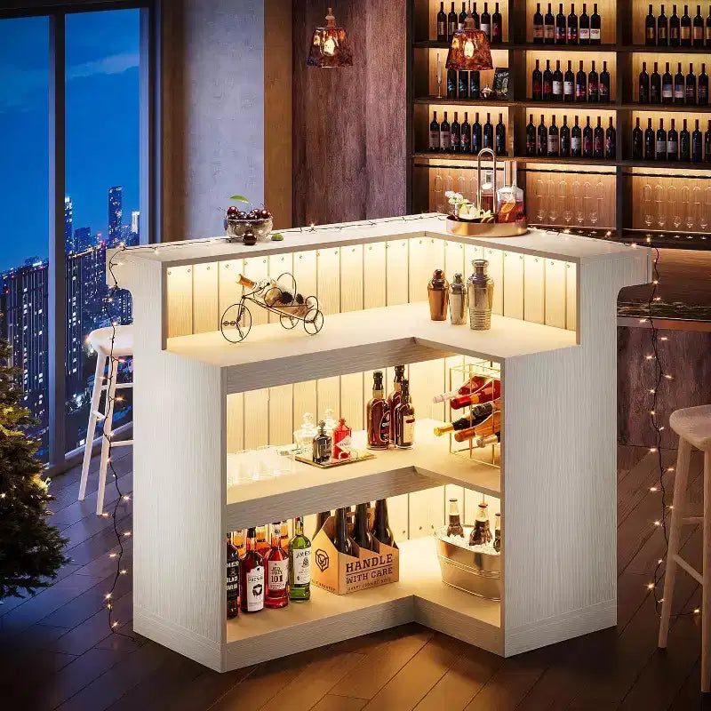 Bar de salon en L Lantine, bar à liqueurs d'angle à 4 niveaux avec étagères de rangement et porte-verres à vin pour pub à domicile