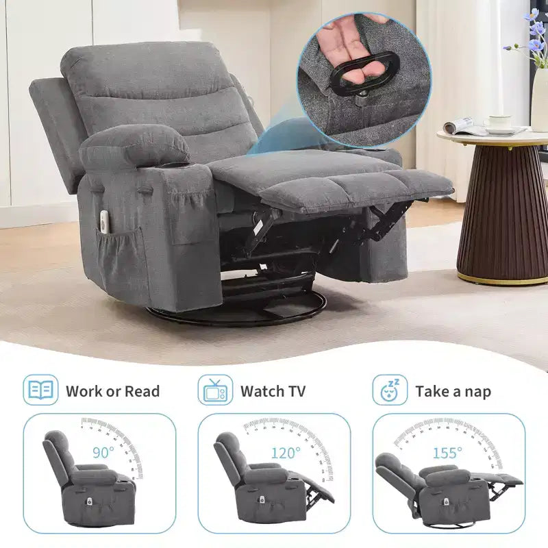 Fauteuil Inclinable Pivotant avec Massage et Chaleur, Fauteuil à Bascule 360° avec Porte-Gobelets et Poches Latérales, Canapé Ergonomique pour Salon, Camping-car, Chambre de Bébé