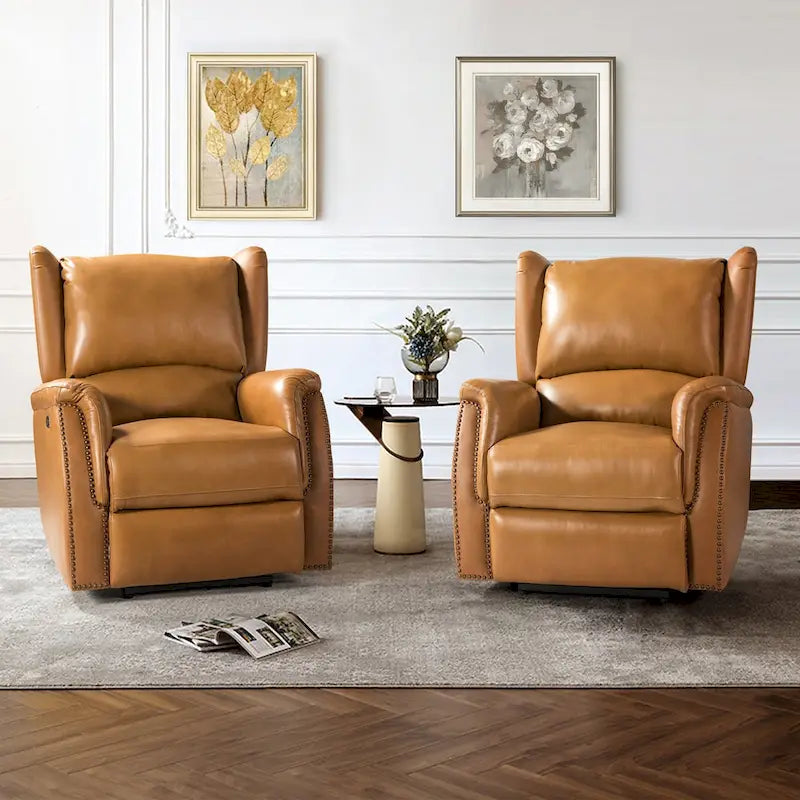 Fauteuil inclinable électrique en cuir véritable avec port USB – Dossier à oreilles et clous décoratifs, ensemble de 2
