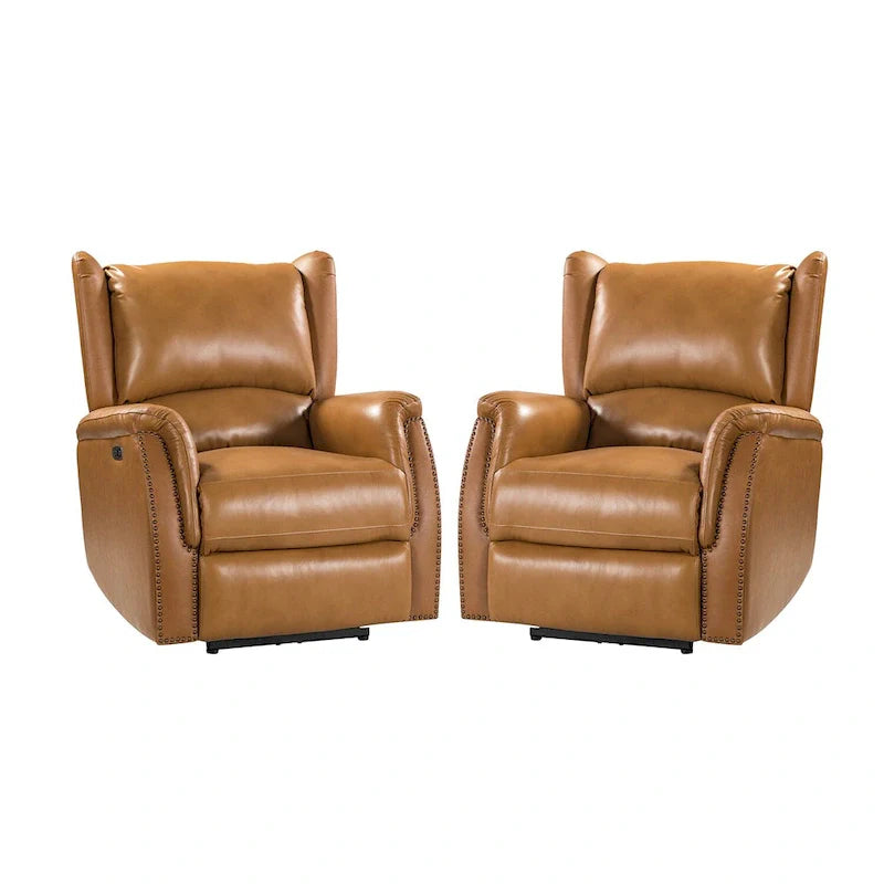 Fauteuil inclinable électrique en cuir véritable avec port USB – Dossier à oreilles et clous décoratifs, ensemble de 2