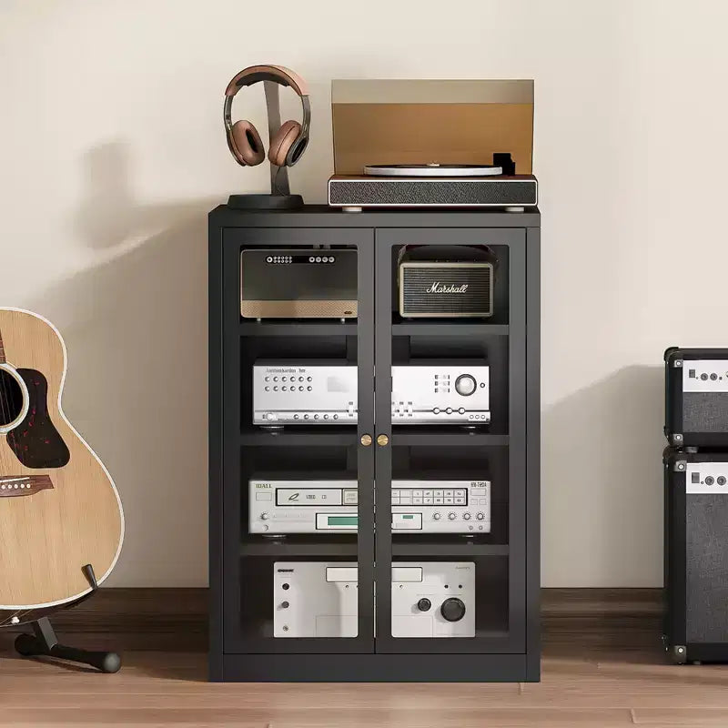 Meuble de rangement pour médias Bekrvio Metal, meuble stéréo à 4 niveaux avec portes en verre et étagères réglables, support audio AV avec gestion des câbles