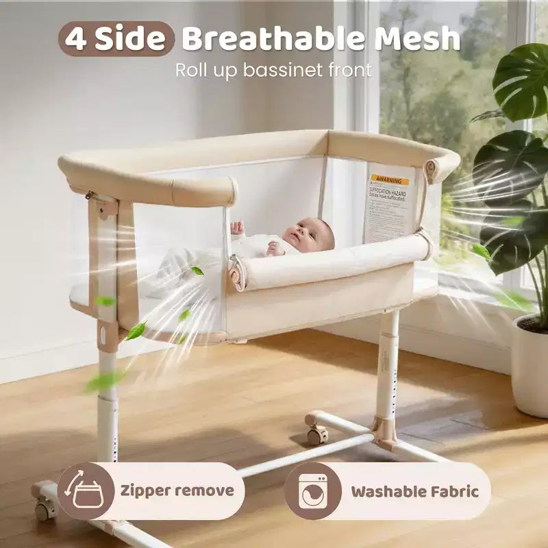 Berceau bébé avec roues – Beige / Gris / Rose, cododo, pour 1 bébé