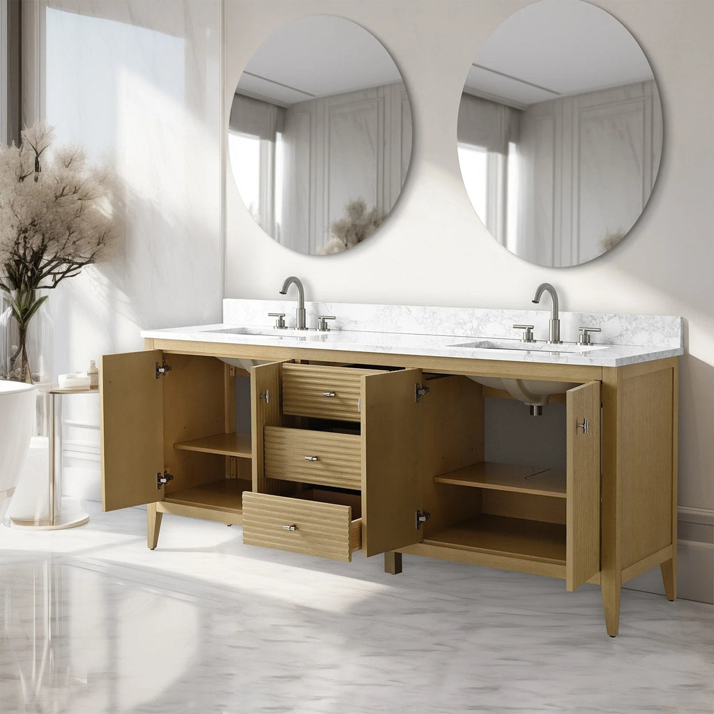 Meuble-lavabo de salle de bain Vanity Art 72 po à double vasque avec dessus en marbre reconstitué