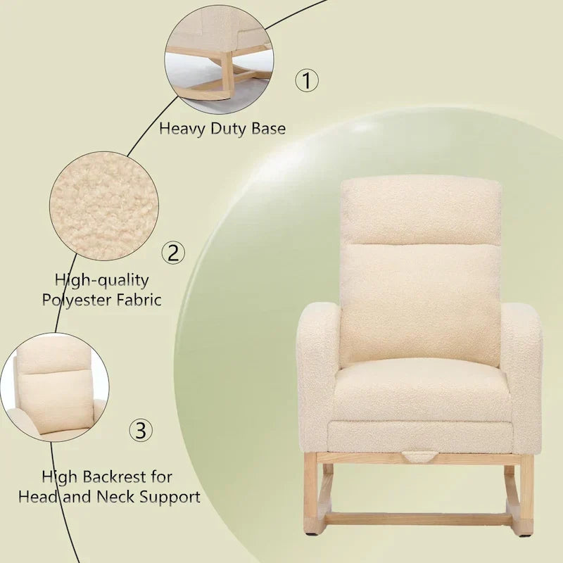 Fauteuil à bascule rembourré moderne de 75 cm de hauteur avec dossier haut, pieds en bois massif et repose-pieds réglable