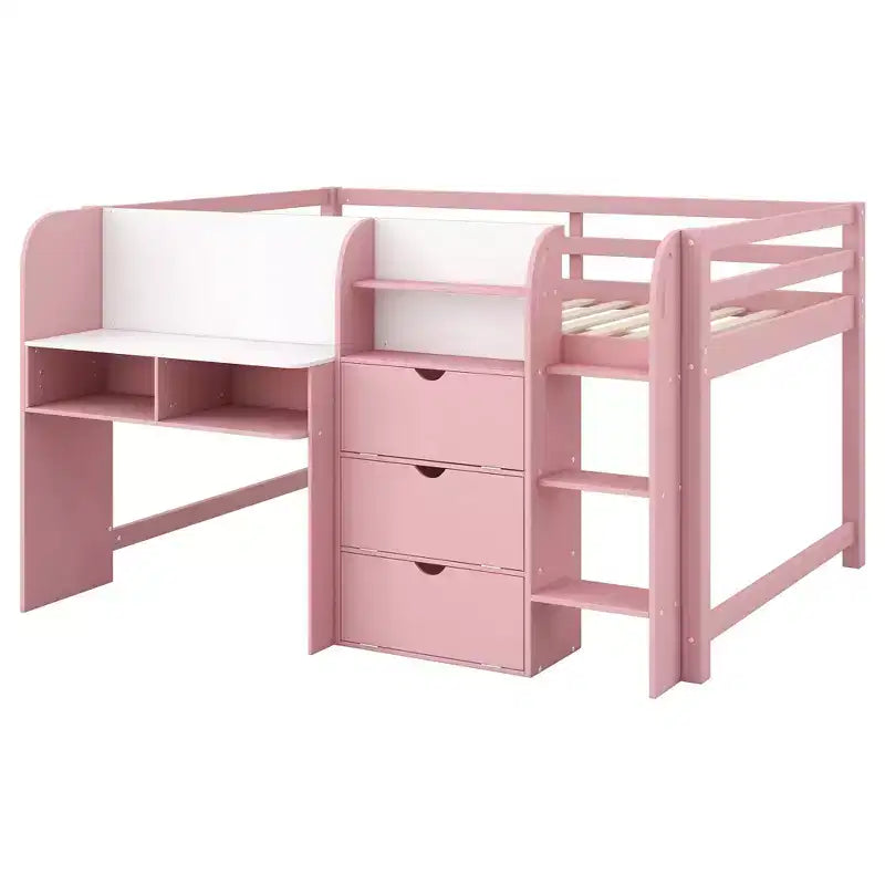 Lit bas mezzanine rose et blanc avec bureau, rangement et tableau blanc - Jumeau, 1 personne