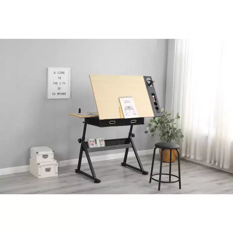 Table à dessin réglable en hauteur, table à dessin inclinable de 0 à 75° pour adultes, bureau d'artiste avec 2 tiroirs de rangement, avec tabouret